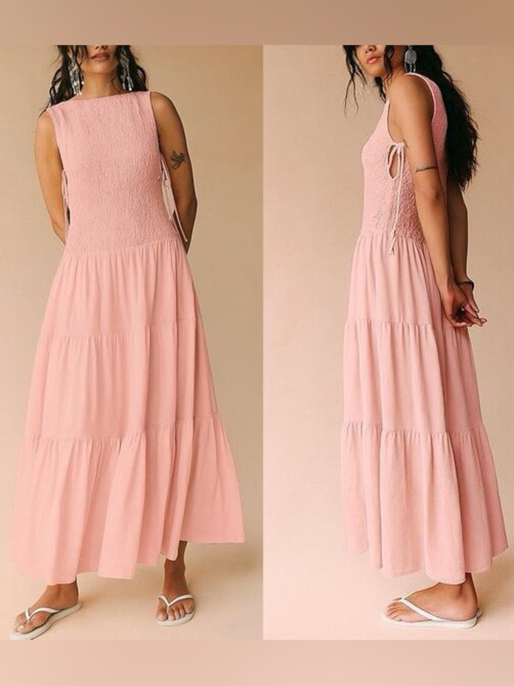 Free People Free-est Women's Pink Tiered Flowy Maxi Dress Drop-Hem